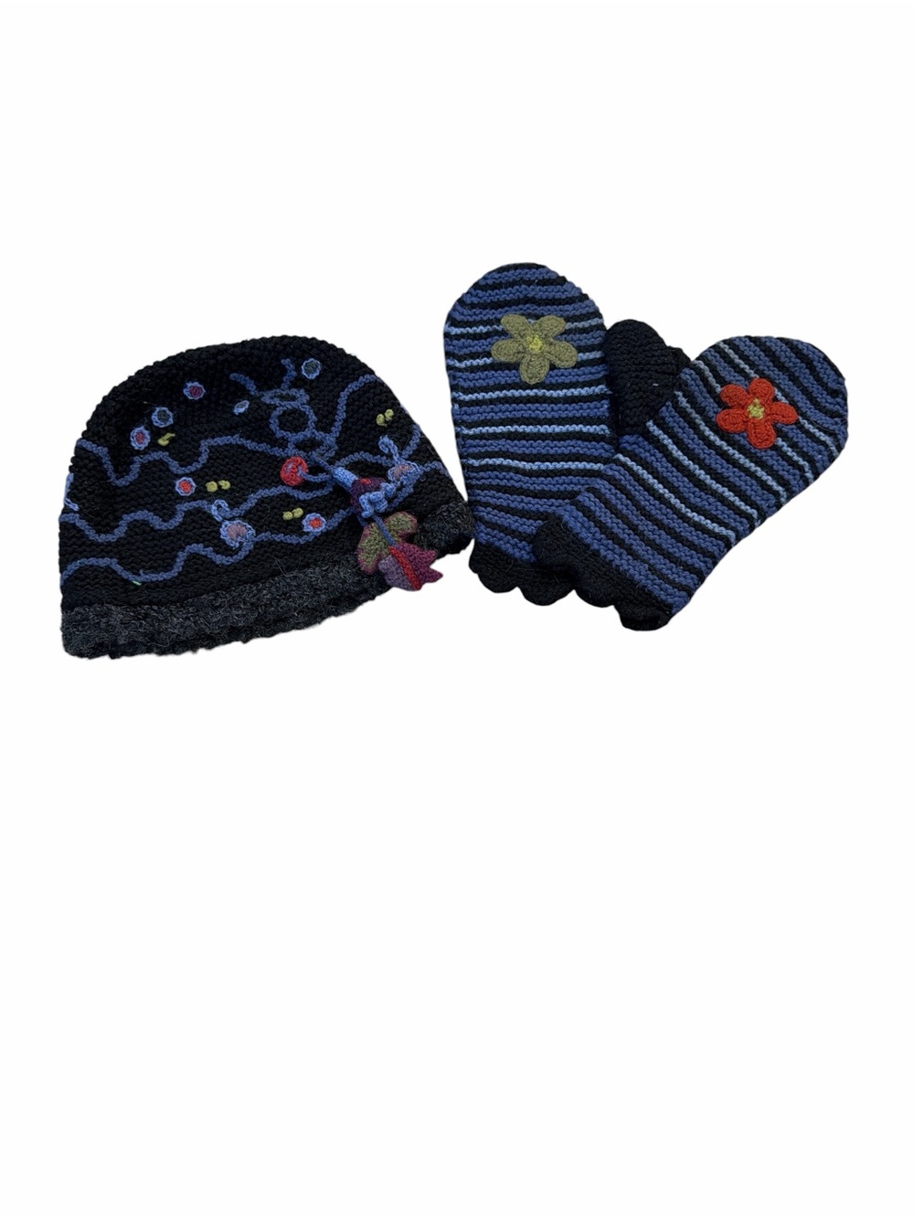 Little Journey Chicago Alpaca Blend Hat & Mittens Set Handmade Peru Floral Knit